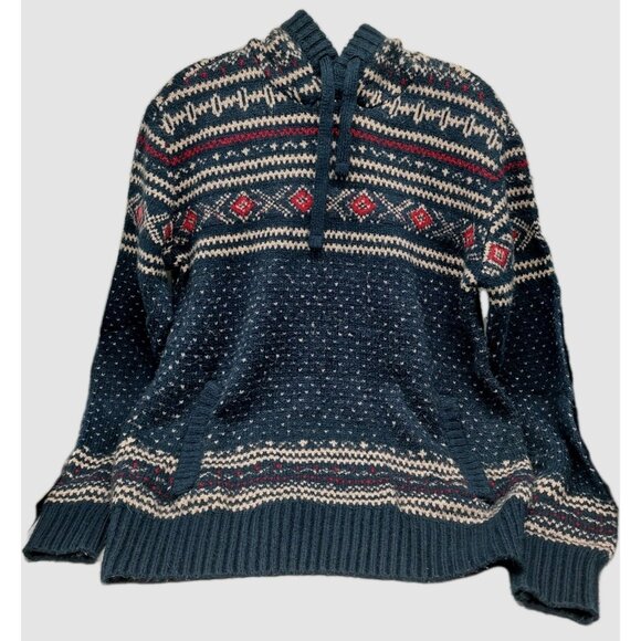 American Eagle Mens Hooded Sweater Size Medium Birdseye Fair Isle Blue Winter - Picture 1 of 11